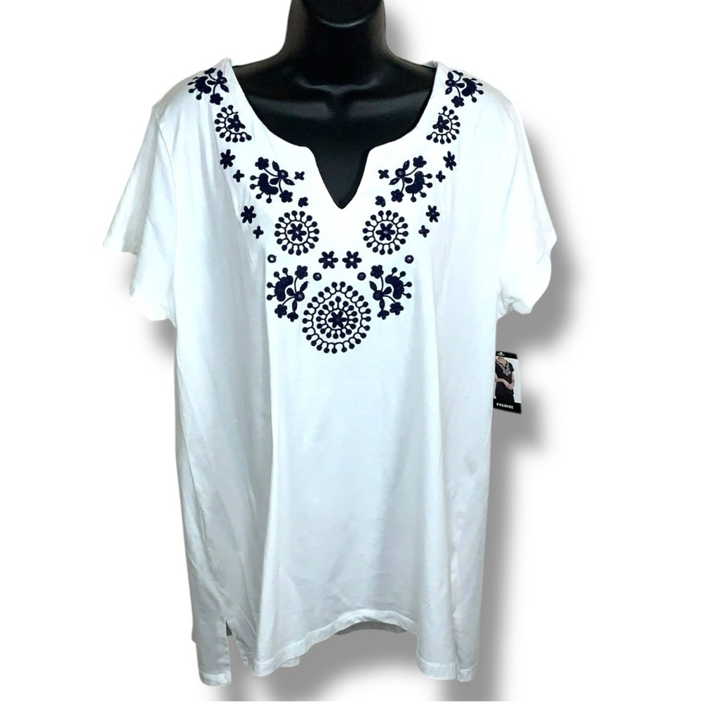 New Xl Premise White Navy Blue Embroidered Short Sleeve Top Cotton Vneck Boho